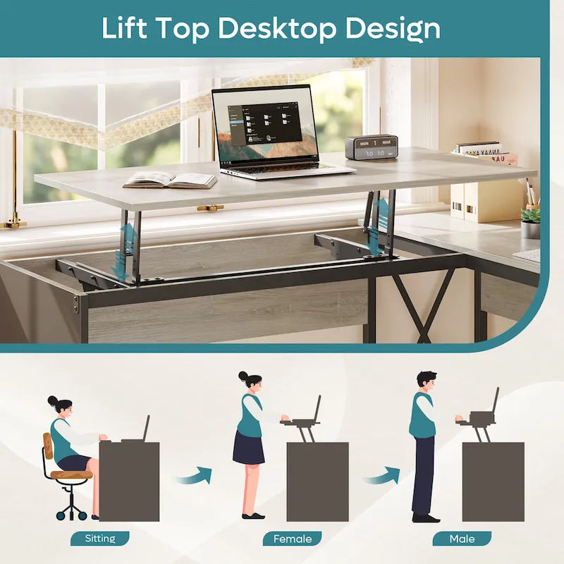 55.7 Uplift L Shaped Computer Desk with Drawers & Monitor Stand