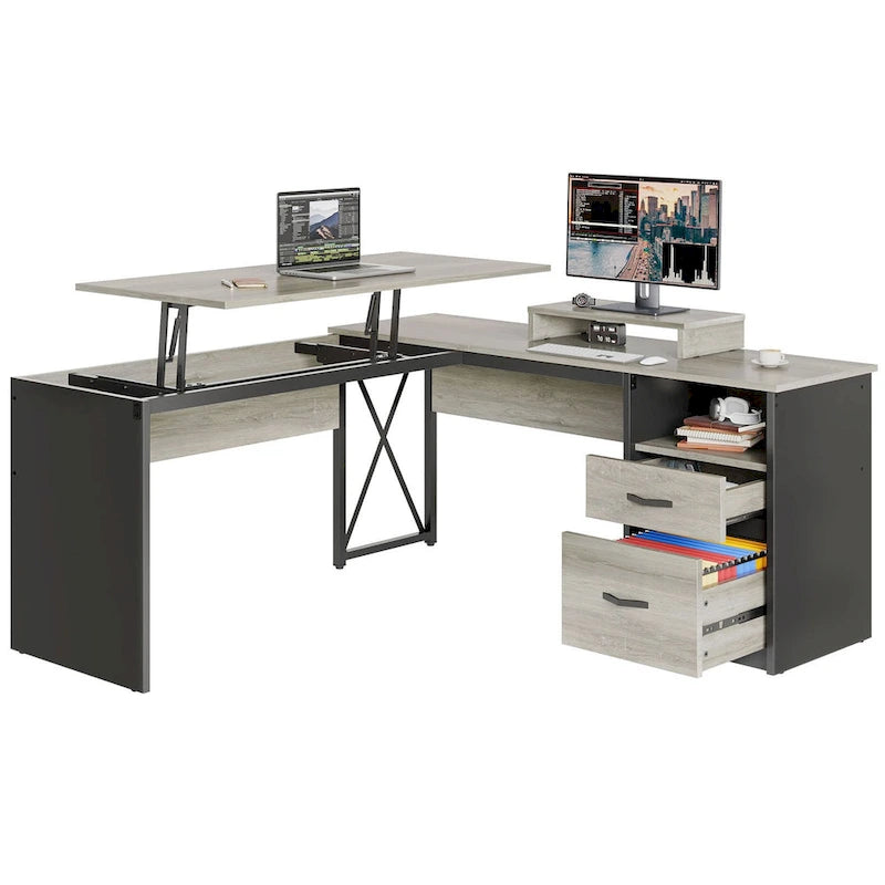 55.7 Uplift L Shaped Computer Desk with Drawers & Monitor Stand