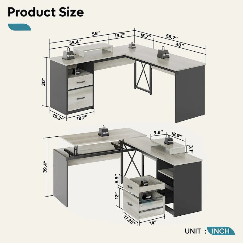 55.7 Uplift L Shaped Computer Desk with Drawers & Monitor Stand
