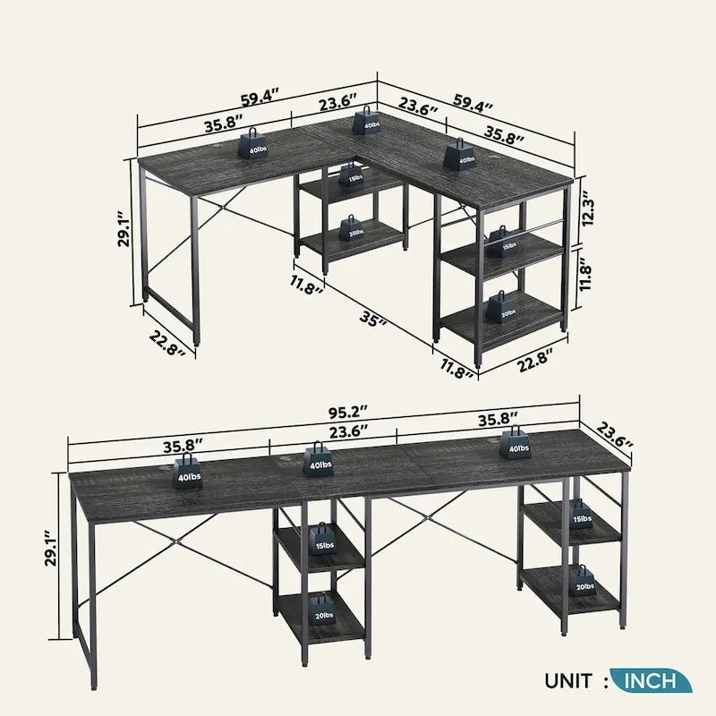 95.2 Inch L Shaped Desk with Shelves Home Office Computer Desk
