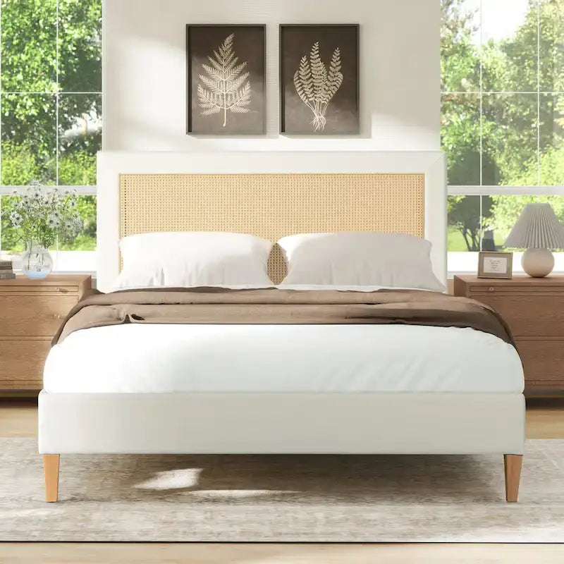 Haley Upholstered Rattan Cane-Back Platform Bed