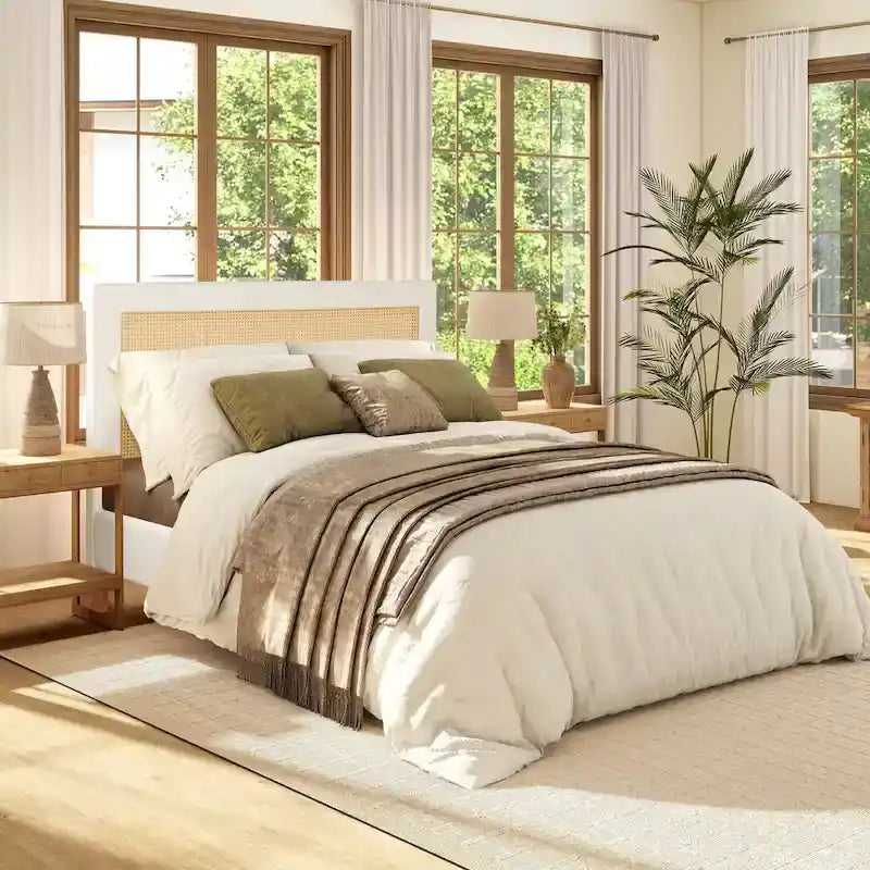 Haley Upholstered Rattan Cane-Back Platform Bed