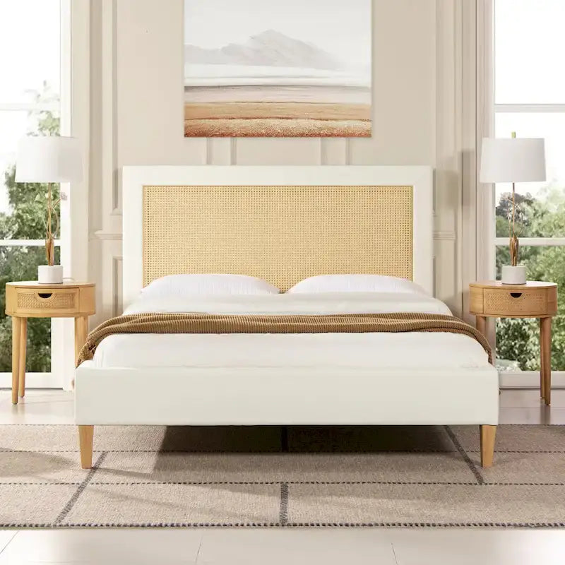Haley Upholstered Rattan Cane-Back Platform Bed