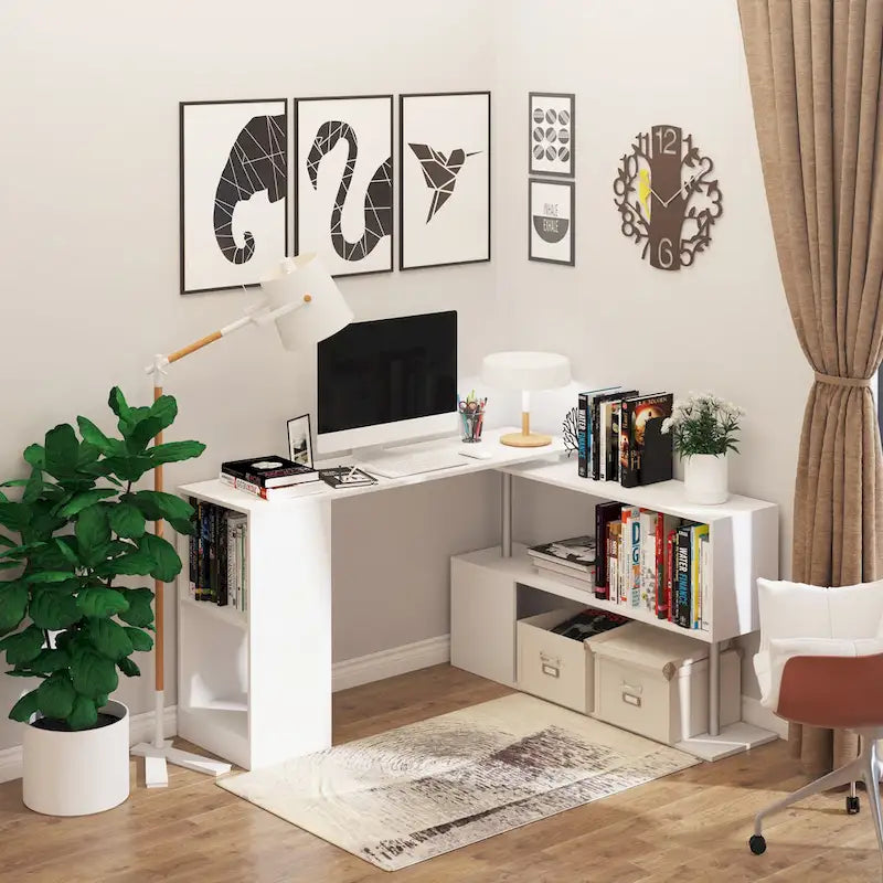HOMCOM 55 Rotating Corner Computer Desk: L-Shaped Workstation, Storage Shelves
