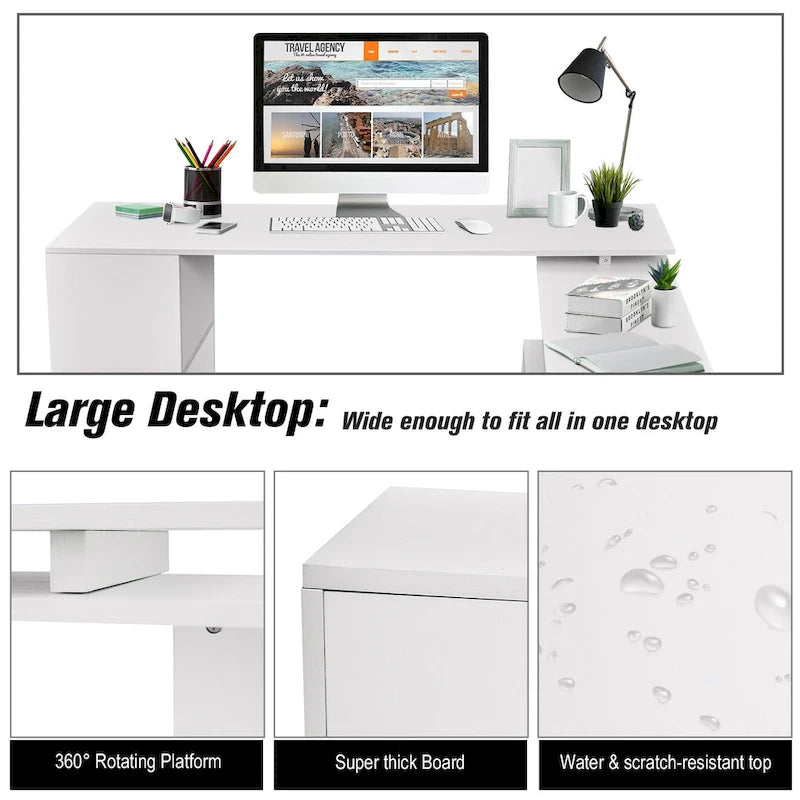 HOMCOM 55 Rotating Corner Computer Desk: L-Shaped Workstation, Storage Shelves