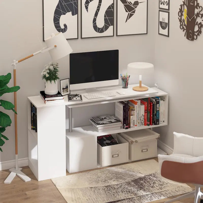 HOMCOM 55 Rotating Corner Computer Desk: L-Shaped Workstation, Storage Shelves