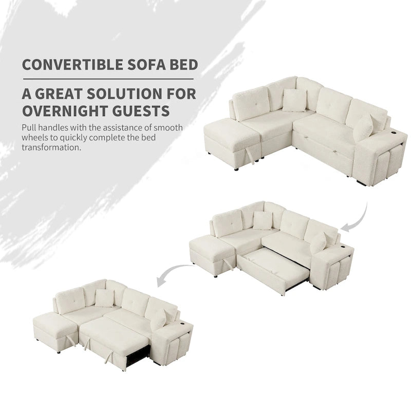 87.7 Convertible Sleeper, Sectional Pull Out Sofa Bed with Storage Ottoman, 2 Throw Pillows, 2 Stools, Wireless Charger and Two