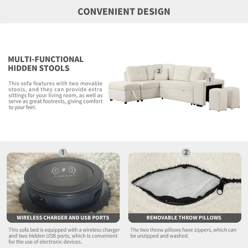 87.7 Convertible Sleeper, Sectional Pull Out Sofa Bed with Storage Ottoman, 2 Throw Pillows, 2 Stools, Wireless Charger and Two
