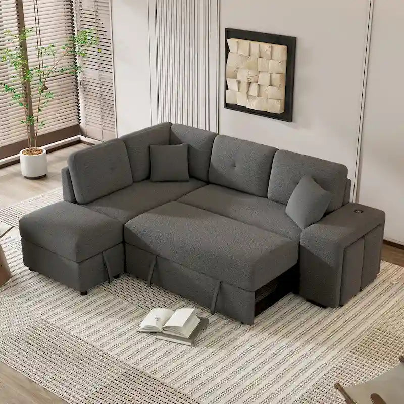 87.7 Convertible Sleeper, Sectional Pull Out Sofa Bed with Storage Ottoman, 2 Throw Pillows, 2 Stools, Wireless Charger and Two