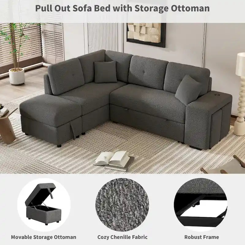 87.7 Convertible Sleeper, Sectional Pull Out Sofa Bed with Storage Ottoman, 2 Throw Pillows, 2 Stools, Wireless Charger and Two
