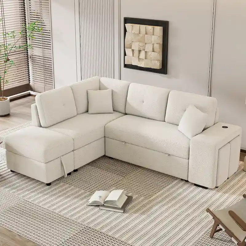 87.7 Convertible Sleeper, Sectional Pull Out Sofa Bed with Storage Ottoman, 2 Throw Pillows, 2 Stools, Wireless Charger and Two