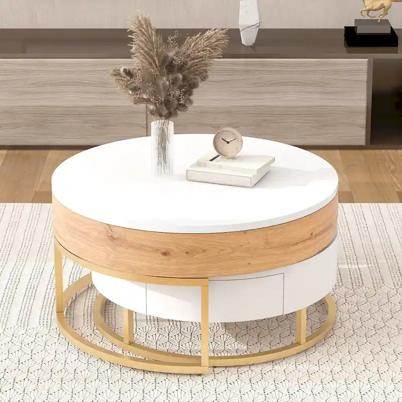 Modern Round Lift-top Nesting Coffee Tables with 2 Drawers White & Black