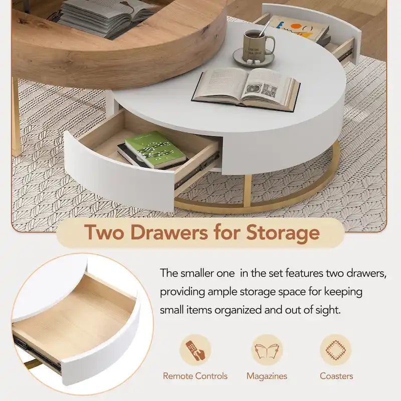 Modern Round Lift-top Nesting Coffee Tables with 2 Drawers White & Black