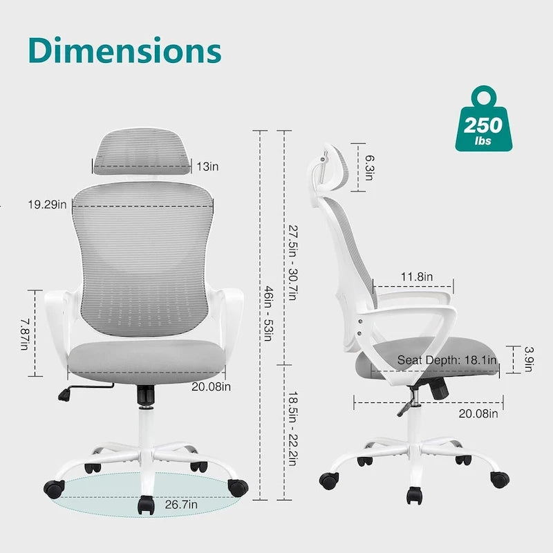 Ergonomic Office Chair, Comfy Computer Desk Chair Mesh High Back with Fixed Arms and Adjustable Headrest, Swivel RollingChair