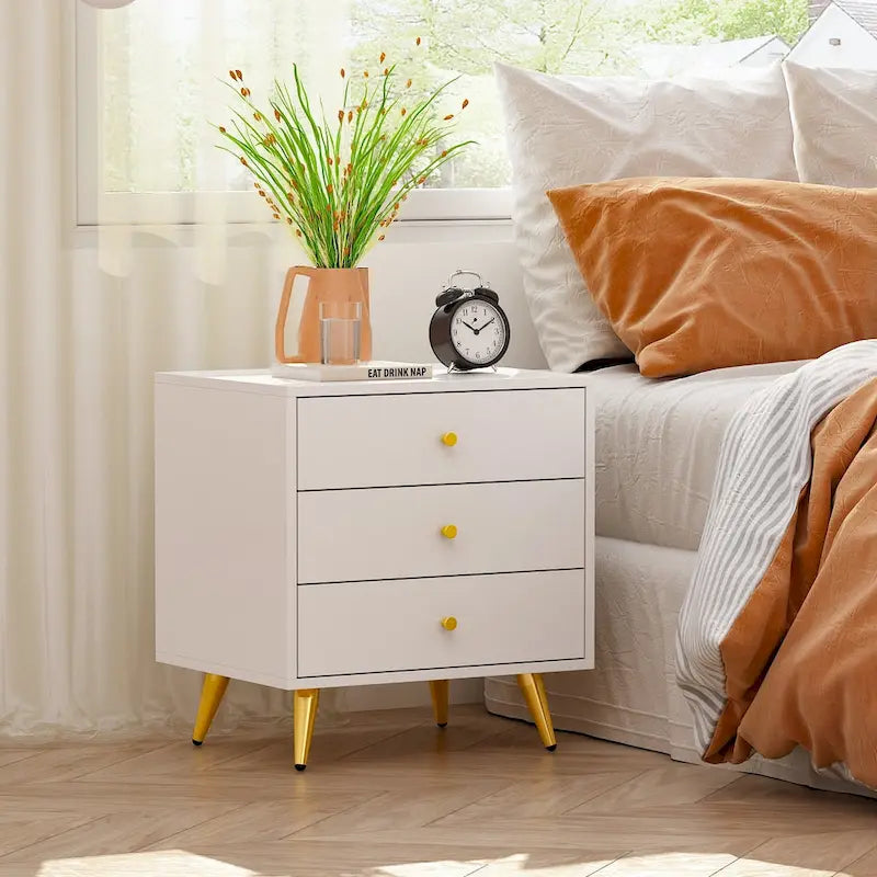 White Nightstands Bedside Table End Table Gold Metal Legs1 Pcs