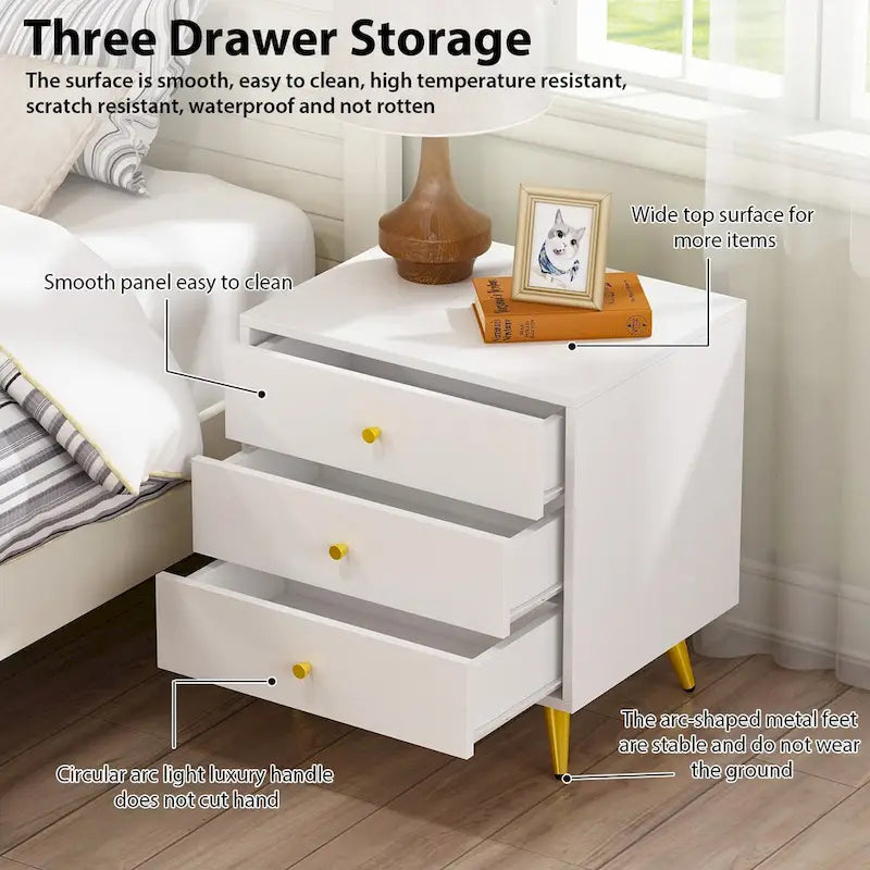 White Nightstands Bedside Table End Table Gold Metal Legs1 Pcs