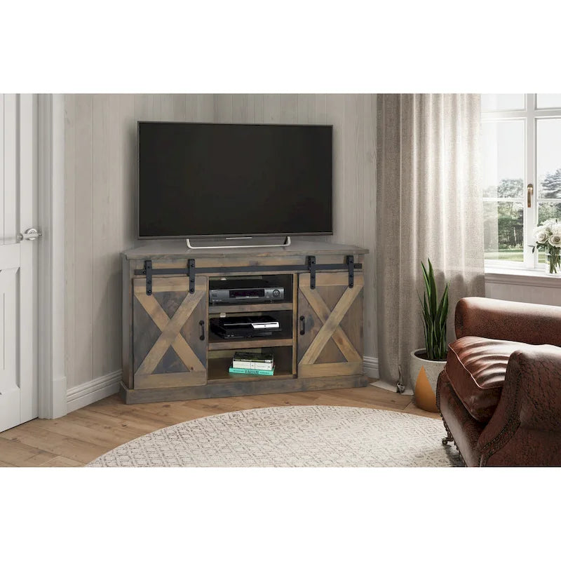 Bridgevine Home Farmhouse 56 inch Corner TV Stand for TVs up to 60 inches, No Assembly Required, Barnwood Finish