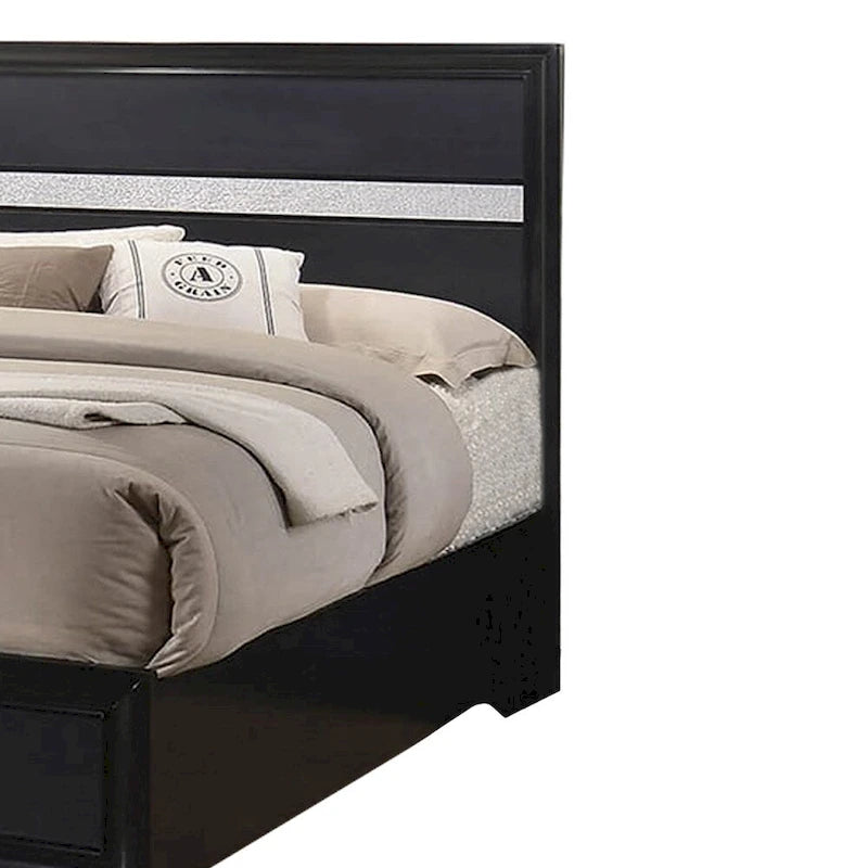 Wooden California King Size Bed with 2 Storage Drawers, Black and Silver