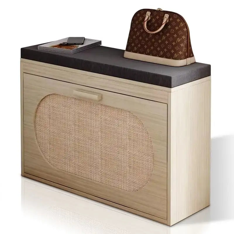 Rattan Shoe Rack Hallway Shoes Srorage Bench with Flip-Drawer and Seat Cushion