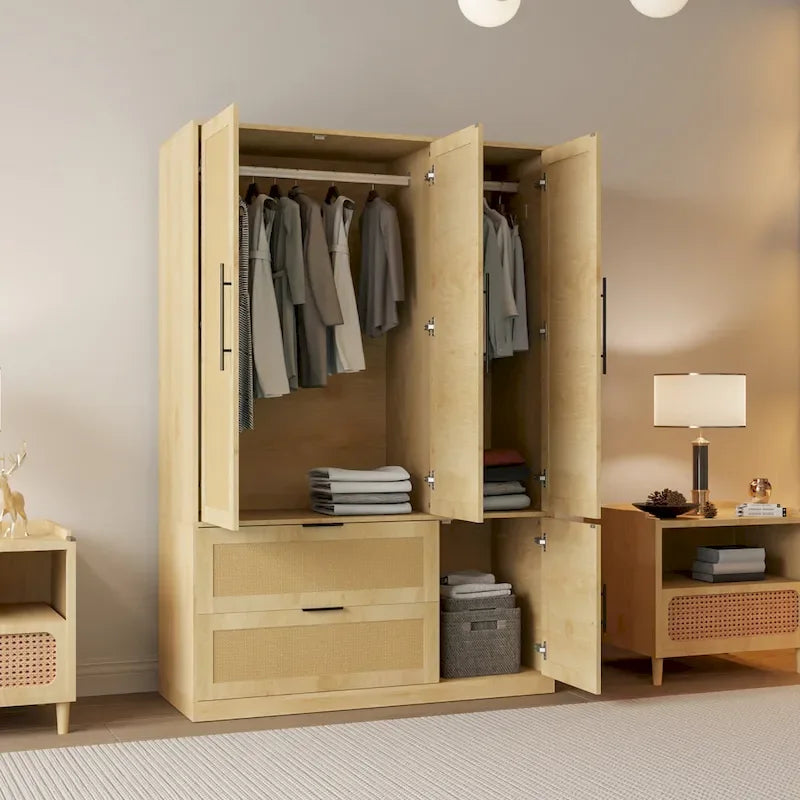 47W Family 4-Door Wardrobe Armoires Closet 2 Drawer Storage Rattan Style - N/A