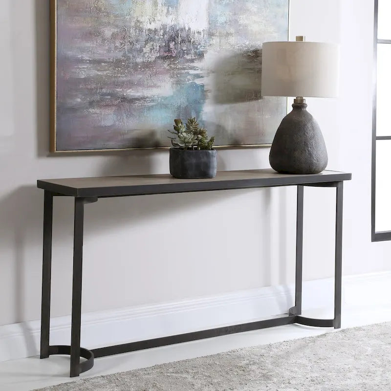 Uttermost Basuto 62 Long Oak Veneer Top Iron Lodge Style Console
