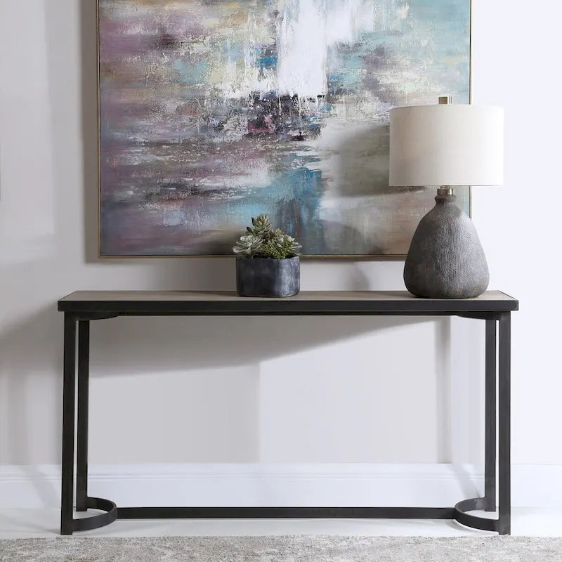 Uttermost Basuto 62 Long Oak Veneer Top Iron Lodge Style Console