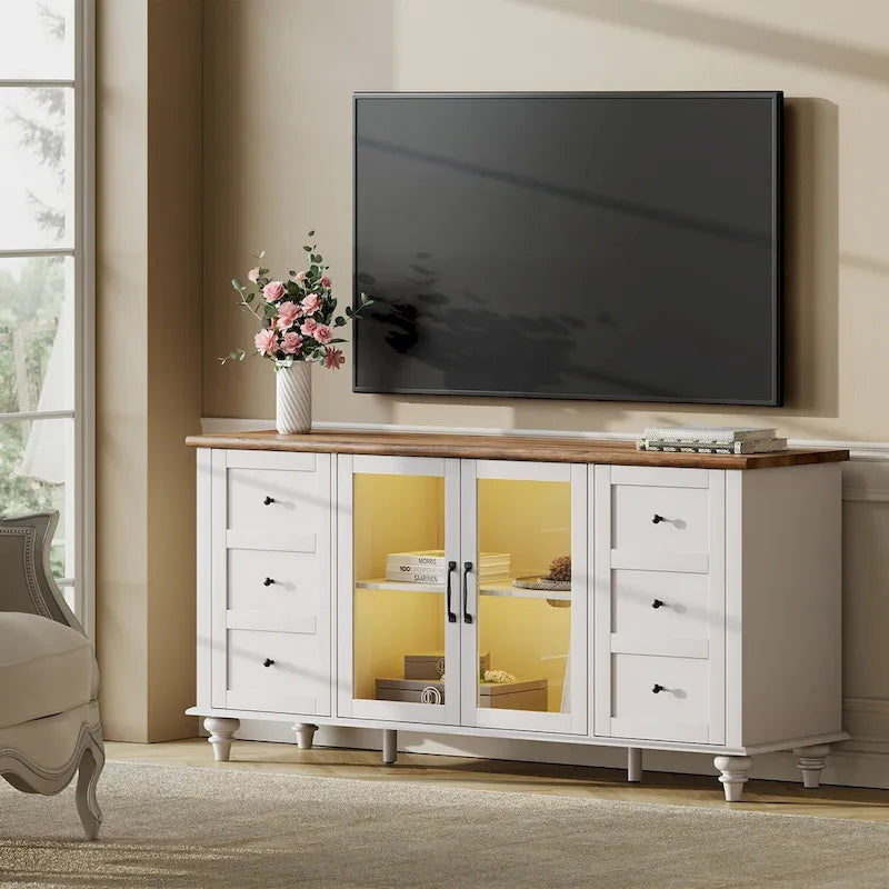 WAMPAT Farmhouse TV Stand with Storage Cabinet, Glass and Wood Entertainment Center Console Table