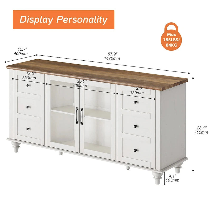 WAMPAT Farmhouse TV Stand with Storage Cabinet, Glass and Wood Entertainment Center Console Table