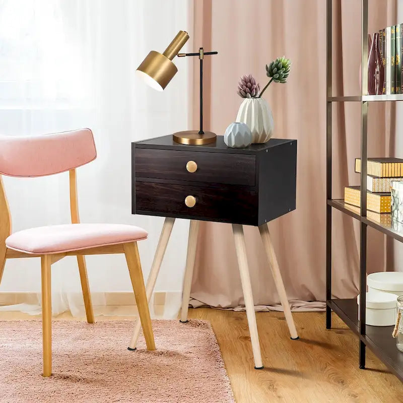 Costway 2 PCS Mid Century Modern 2 Drawers Nightstand Sofa Side Table - See Details