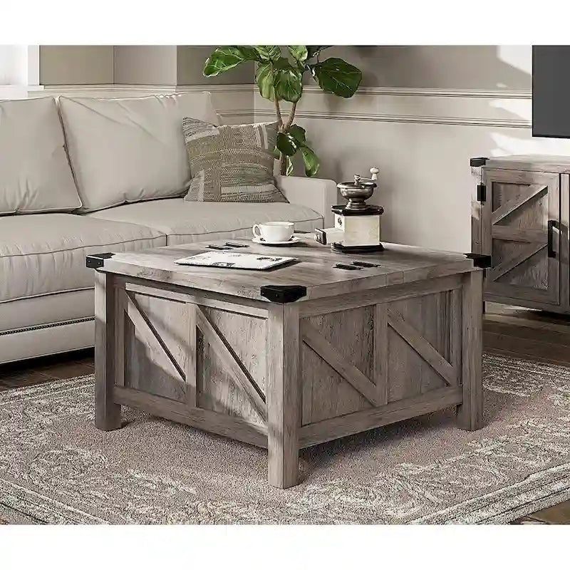 WAMPAT Farmhouse Sliding Barn Door TV Stand and Coffee Table Set of 2