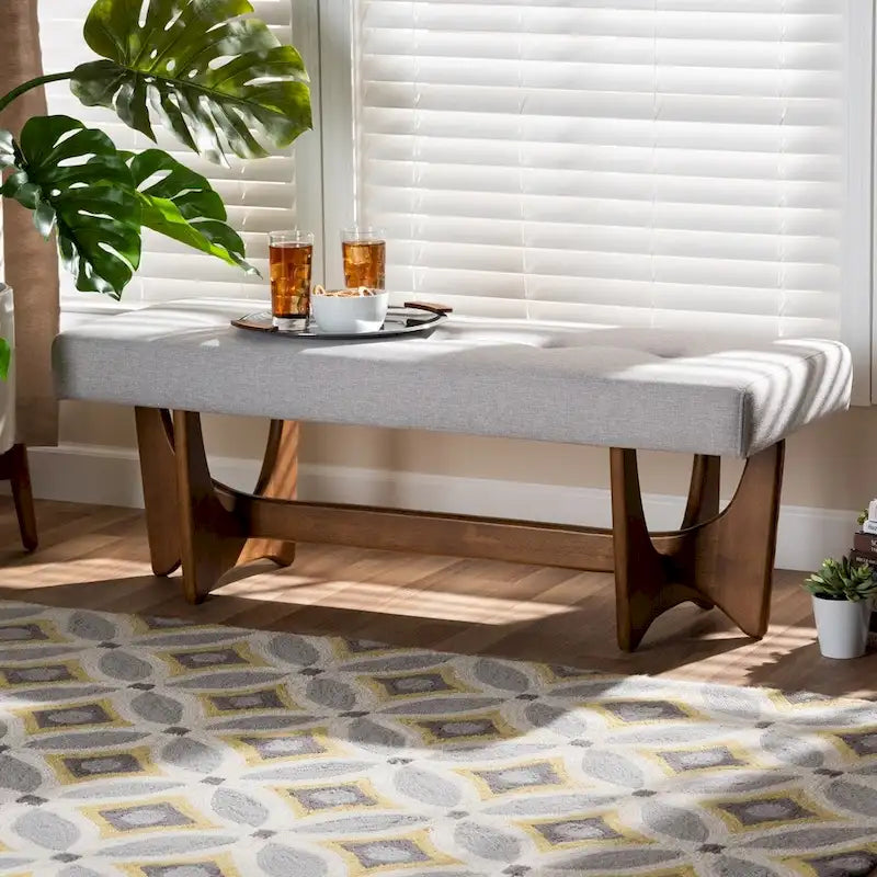 Theo Mid-Century Modern Fabric Upholstered Walnut Finished Bench - 17.9 High x 48.8 Wide x 18.3 Deep