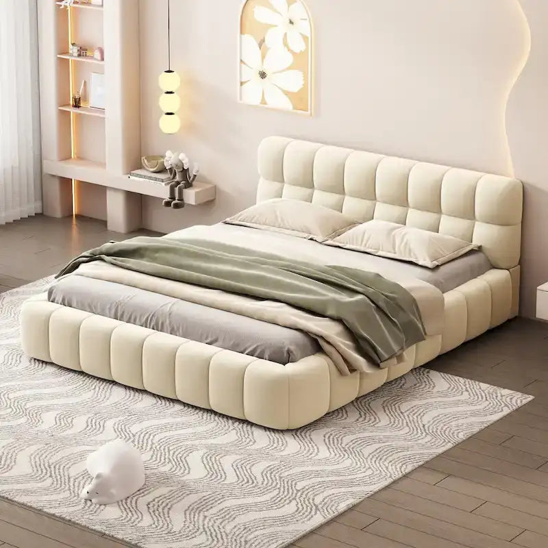 Queen Size Upholstered Platform Bed with Thick Fabric, Grounded Bed with Solid Frame