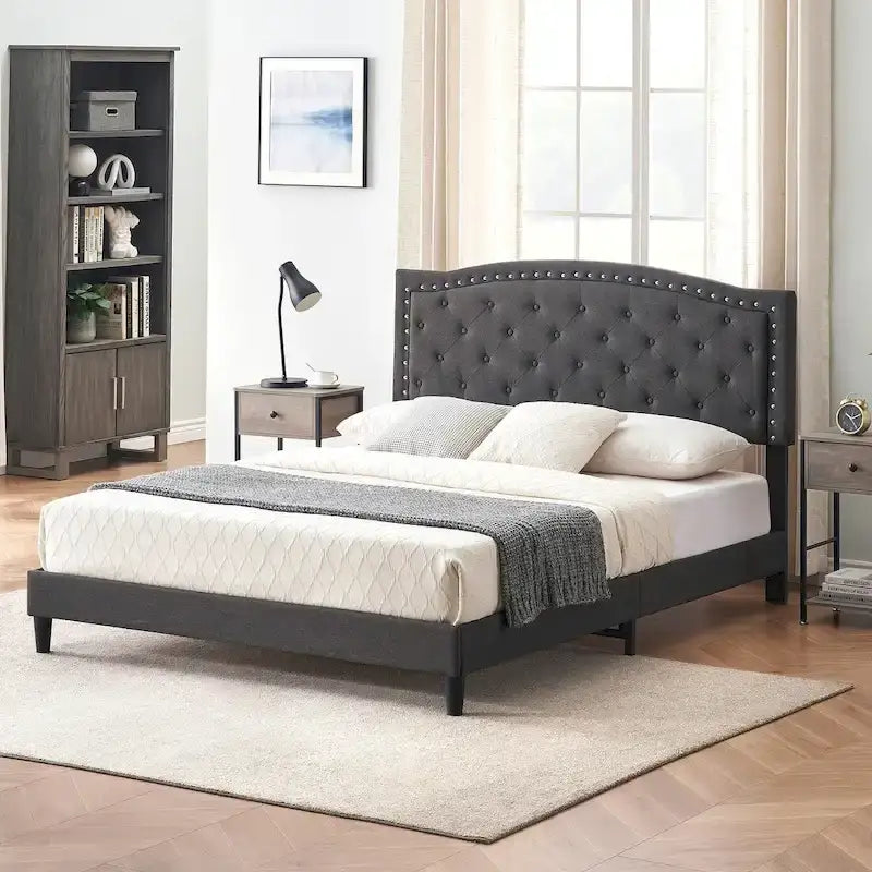 Tufted Velvet Upholstered Low Profile Standard Bed Platform Bed Frame