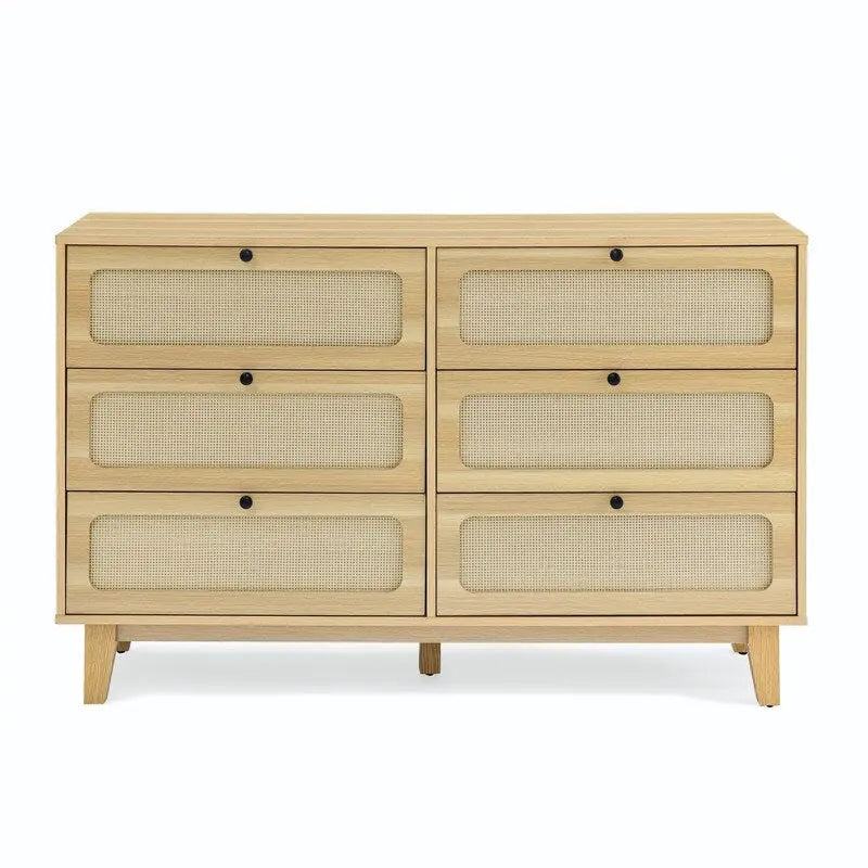 Grondin Mid-Century Modern Boho Style 6 Rattan Drawers Double Dresser with MDF Frame and Solid Wood Legs,