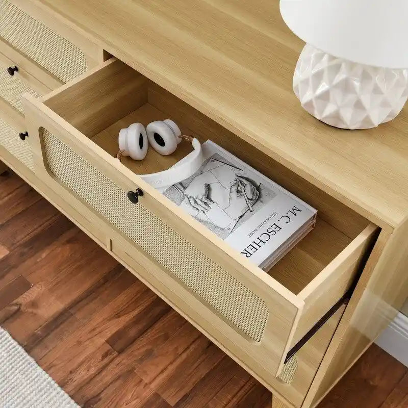 Grondin Mid-Century Modern Boho Style 6 Rattan Drawers Double Dresser with MDF Frame and Solid Wood Legs,
