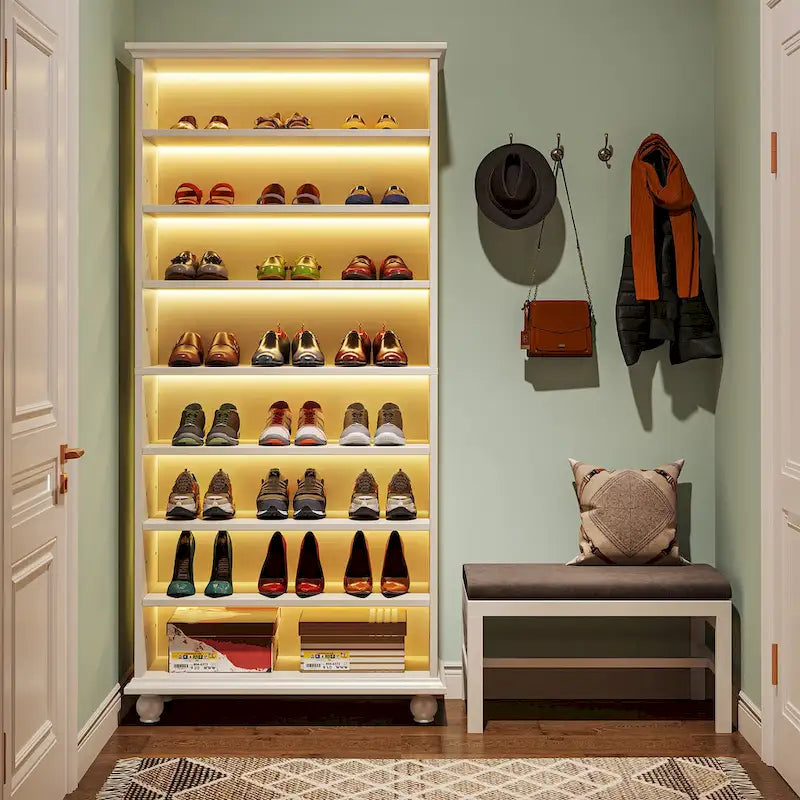 Narrow Tall Shoe Cabinet with LED Lighting, 9-Tier 30 Pairs Freestanding Shoes Storage Cabinet