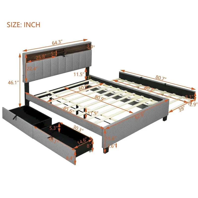 Queen size Upholstered Platform Bed with Twin XL Size Trundle
