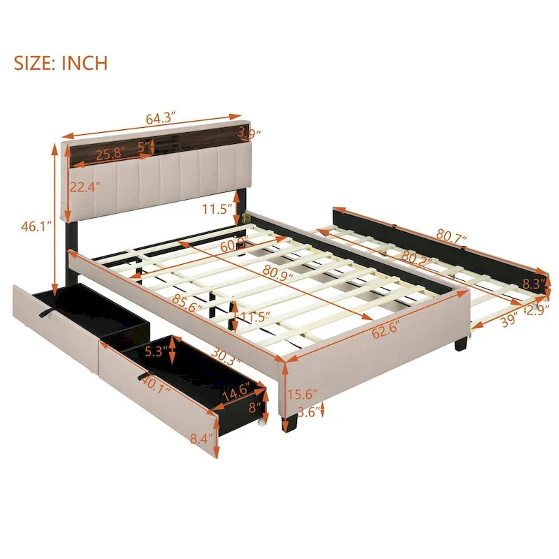 Queen size Upholstered Platform Bed with Twin XL Size Trundle