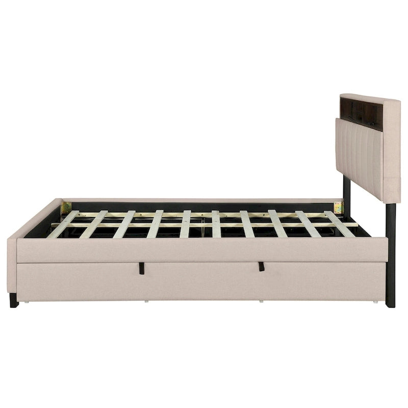 Queen size Upholstered Platform Bed with Twin XL Size Trundle