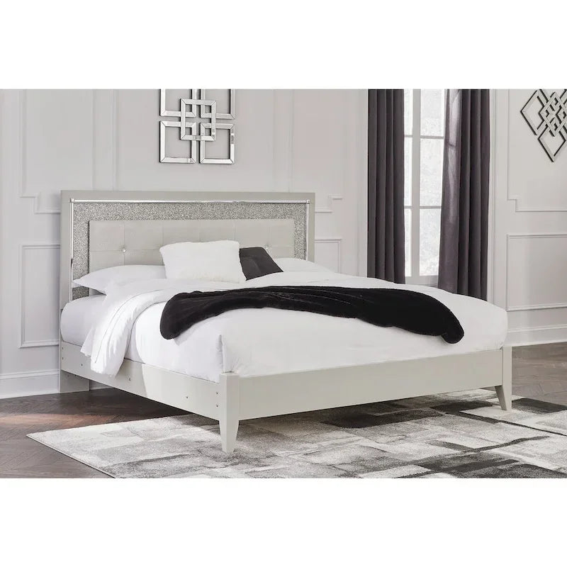 Signature Design by Ashley Zyniden Silver Upholstered Panel Headboard with 2 Nightstands