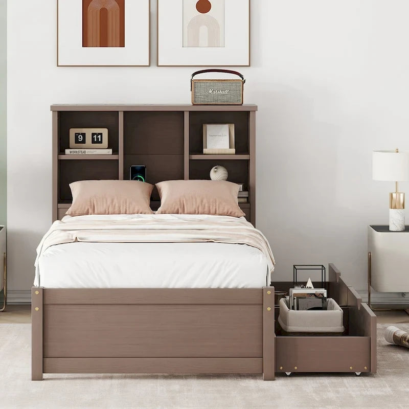 Modern Twin Size Bed Frame With Built-in USB Port on Bookcase Headboard and 2 Drawers for