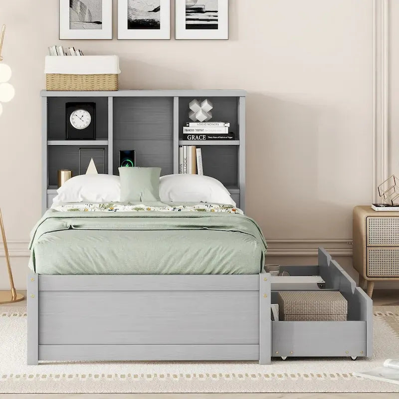 Modern Twin Size Bed Frame With Built-in USB Port on Bookcase Headboard and 2 Drawers for