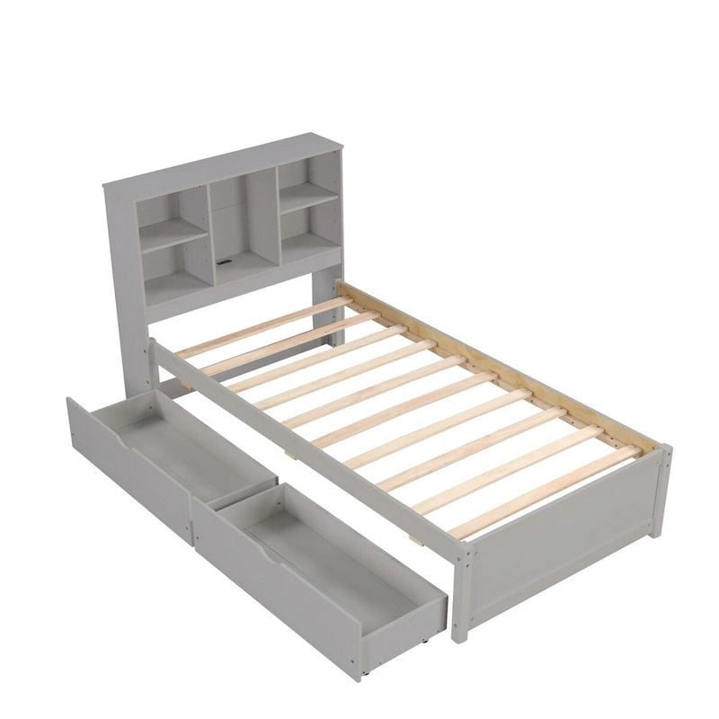 Modern Twin Size Bed Frame With Built-in USB Port on Bookcase Headboard and 2 Drawers for