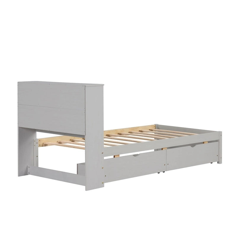 Modern Twin Size Bed Frame With Built-in USB Port on Bookcase Headboard and 2 Drawers for