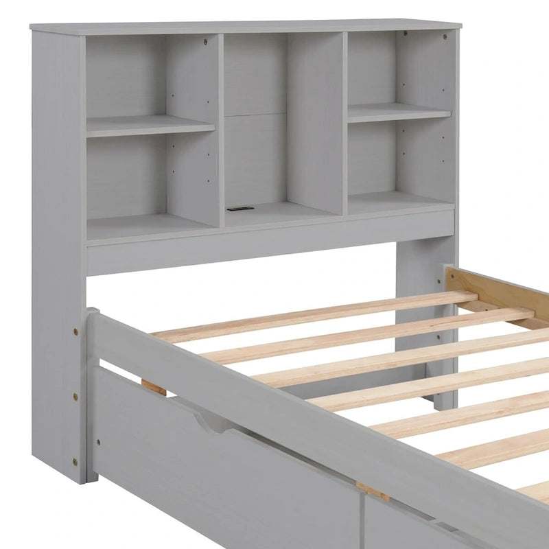 Modern Twin Size Bed Frame With Built-in USB Port on Bookcase Headboard and 2 Drawers for