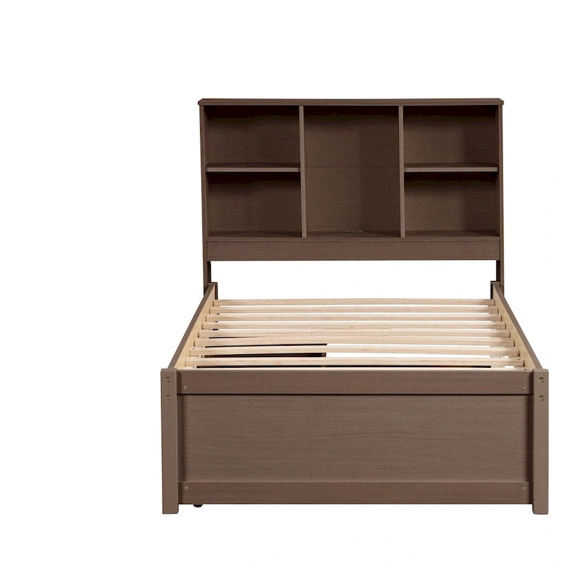 Modern Twin Size Bed Frame With Built-in USB Port on Bookcase Headboard and 2 Drawers for
