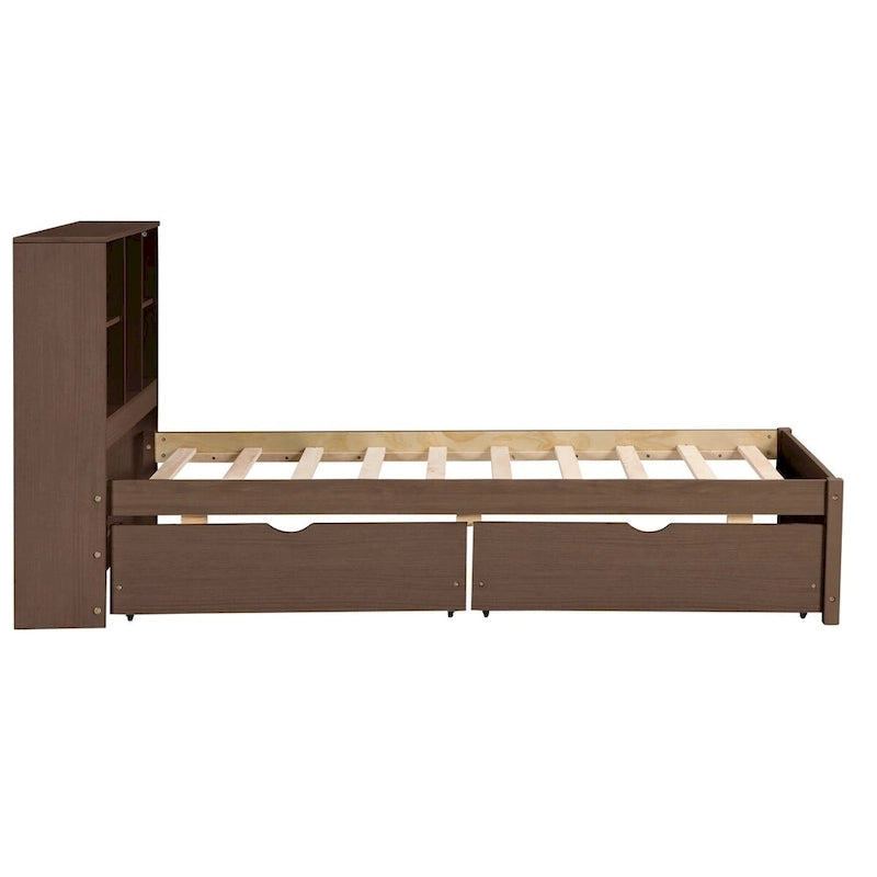 Modern Twin Size Bed Frame With Built-in USB Port on Bookcase Headboard and 2 Drawers for