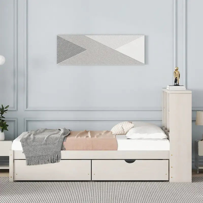 Modern Twin Size Bed Frame With Built-in USB Port on Bookcase Headboard and 2 Drawers for