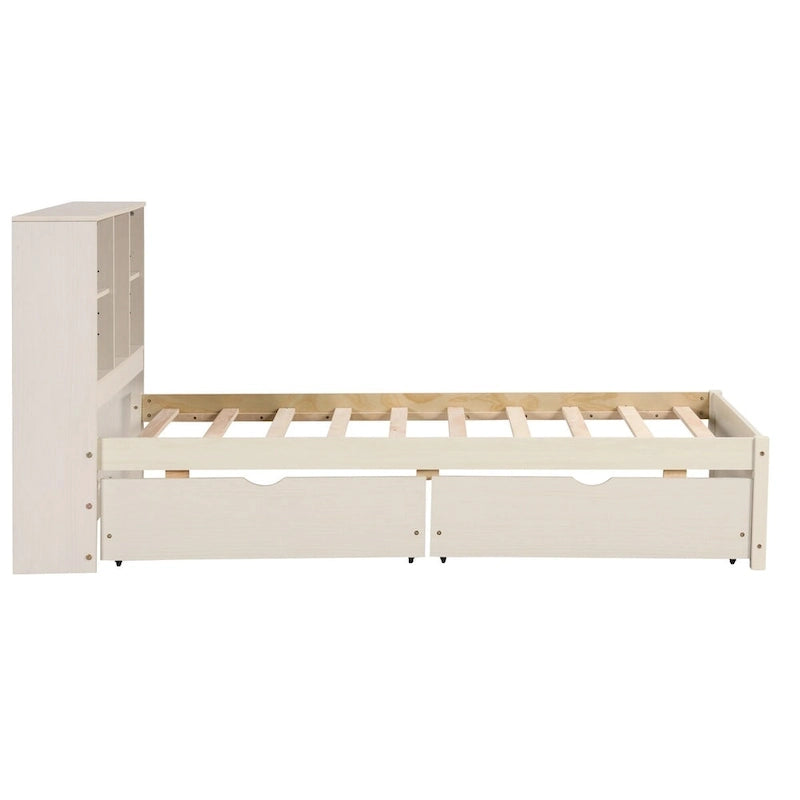 Modern Twin Size Bed Frame With Built-in USB Port on Bookcase Headboard and 2 Drawers for