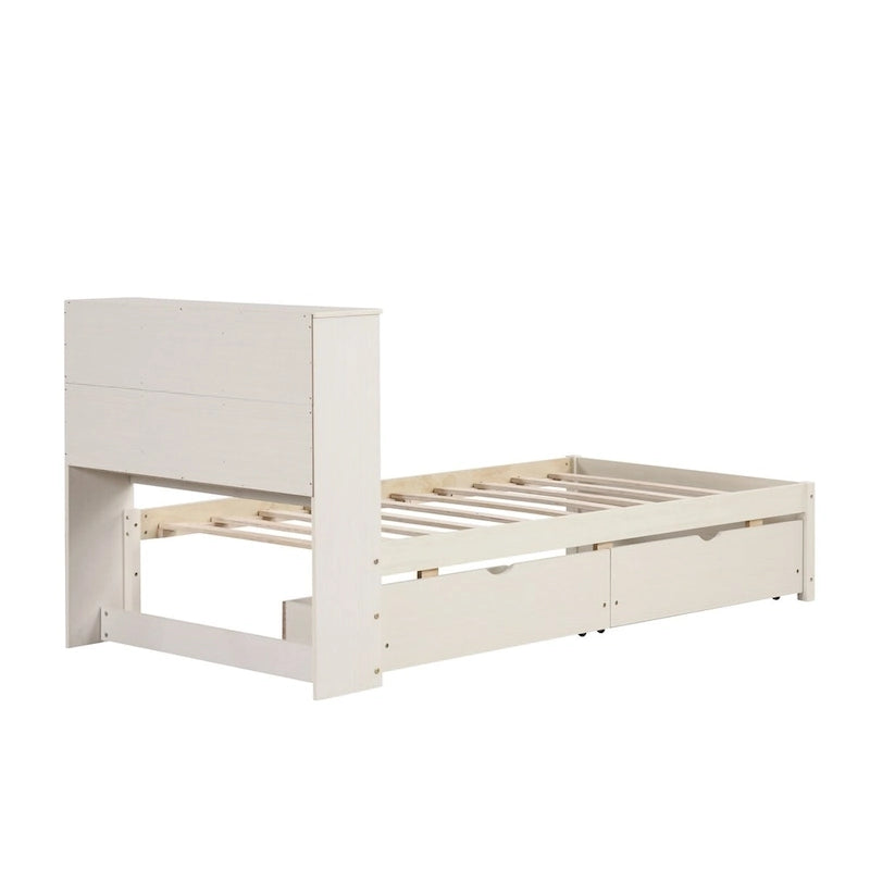 Modern Twin Size Bed Frame With Built-in USB Port on Bookcase Headboard and 2 Drawers for